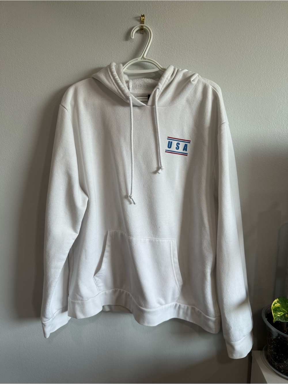 ZELOS USA Flag Graphic Pullover Hoodie White Fleece XL Patriotic